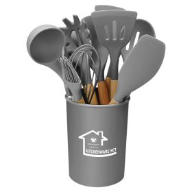11Pcs Silicone Cooking Utensil Set Heat Resist Wooden Handle Silicone Spatula Turner Ladle Spaghetti Server Tongs Spoon Egg Whish Kitchenware Set w/ H (Option: Grey)